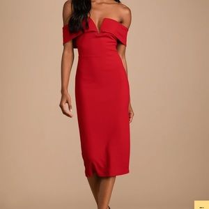 Lulus My Favorite Night Red off-shoulder body con mid dress LARGE
